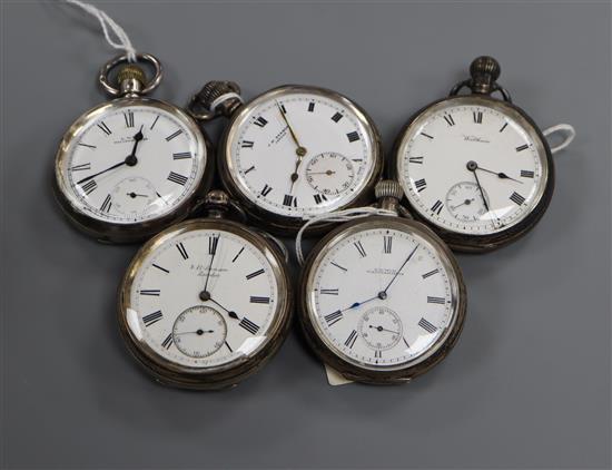 Three assorted Benson silver pocket watches and two Waltham silver pocket watches.